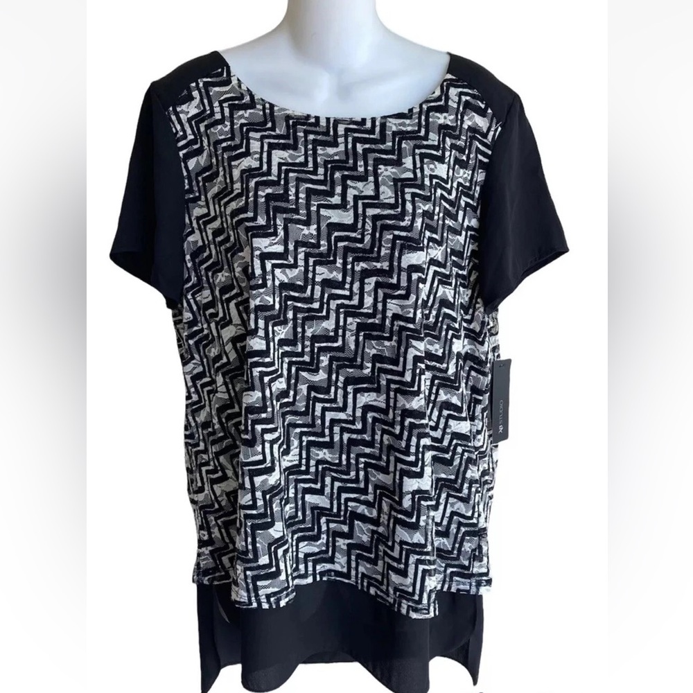 AB Studio Knit Top Lace Overlay Media Mix Black Cream Short Sleeves NWT Large